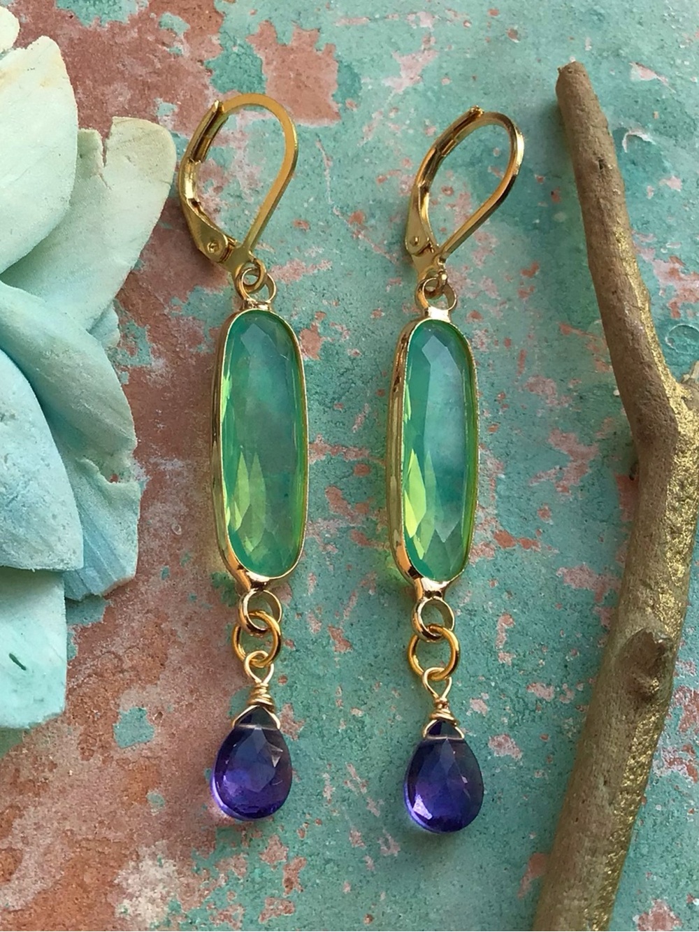Blue mint chalcedony tanzanite quartz gold plated Earrings